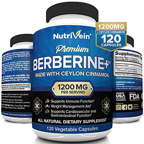 Nutrivein Premium Berberine HCL 1200mg Plus Organic Ceylon Cinnamon - 120 Capsules - Supports Insulin, Glucose Metabolism, Immune System, Blood Sugar, Weight Management - Berberine HCI Supplement