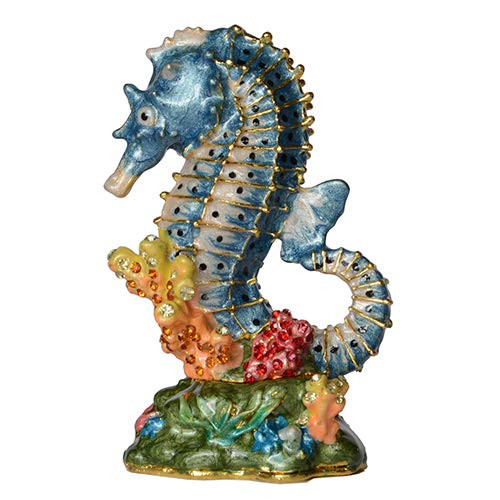 Enameled Pewter Crystal Bejeweled Seahorse Trinket  and  Jewelry Box for Necklace Ring Container Nautical Home Decor Animal  and  Sealife Gift -Blue- Enameled Pewter Crystal Bejeweled Seahorse Trinket  and  Jewelry Box for Necklace Ring Container Nautical Home Decor Animal  and  Sealife Gift -Blue-