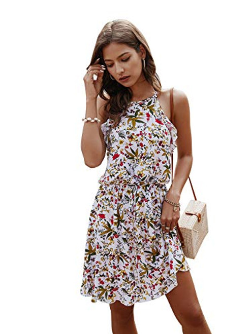 Brands Womens Boho Floral Print Halter Neck Summer Sleeveless Ruffle Hem Casual Swing Mini Dress with Belt -X-Large, White-