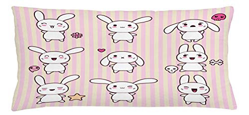 Lunarable Rabbit Throw Pillow Cushion Cover, Bunny Rabbit with Skull Flower Star on Striped Display Girls Print, Decorative Rectangle Accent Pillow Case, 36" X 16", White and Pink