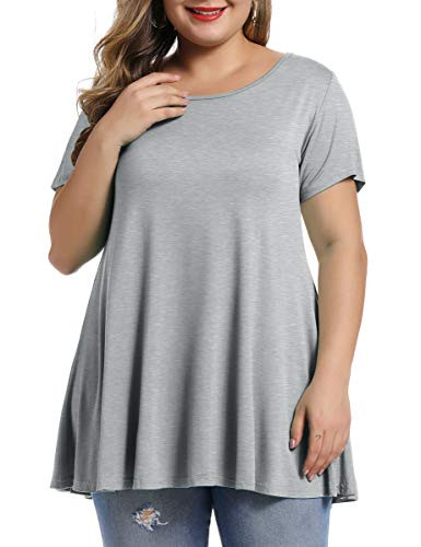 MONNURO Womens Short Sleeve Casual Loose Fit Flare Swing Tunic Tops Basic T-Shirt Plus Size-Heather Gray,3X-