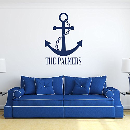 Custom Name Anchor and Chain Wall Decal Vinyl Sticker - Personalized Nautical Ship Symbol Decoration for Living Room, Bedroom, or Beach House - Custom Sizes and Colors Complement Any Living Space