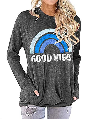 Hount Women's Long Sleeve T-Shirts Casual Loose Fit Tunic Tops Pullover Cotton Sweatshirts Large Blue Rainbow