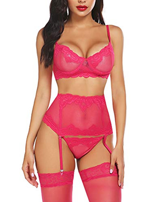 ADOME Women Sexy Lingerie Set with Garter Bra and Panty Set Lace Babydoll Bodysuit Pink ADOME Women Sexy Lingerie Set with Garter Bra and Panty Set Lace Babydoll Bodysuit Pink