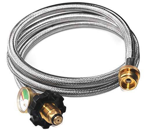 DOZYANT 5 Feet POL Stainless Braided Propane Hose Adapter with Propane Tank Gauge, 1lb to 20lb Propane Converter Hose for Propane Stove, Tabletop Grill and More 1lb Portable Appliance