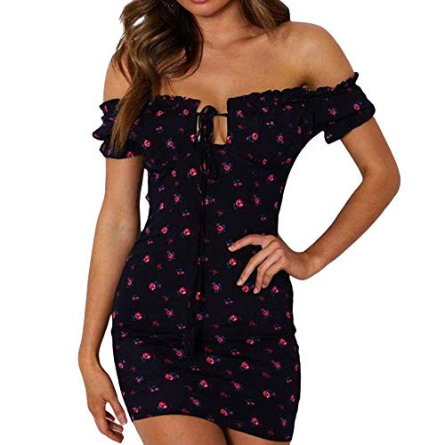 Women Floral Mini Dress Ruffle Short Sleeve Tie Front Bodycon Dress Sexy Wrap Pencil Dress for Party Club-Black,S- Women Floral Mini Dress Ruffle Short Sleeve Tie Front Bodycon Dress Sexy Wrap Pencil Dress for Party Club-Black,S-