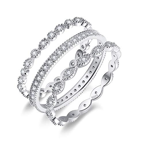 AVECON Womens Silver Stacking Ring Sets Wedding Eternity Bands Ring 925 Sterling Silver Cubic Zirconia Bridal Rings Set for Women Size 6