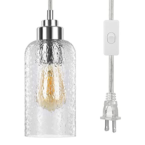 DEWENWILS Plug in Pendant Light, Hanging Light with 15ft Adjustable Cord, On/Off Switch, Glass Shade, Hanging Light Fixture for Bedroom, Kitchen, Living Room, Dining Table