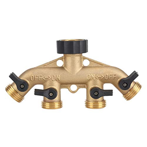 Aqur2020 4 Way Brass Garden Hose Splitter Heavy Duty Garden Tap Hose Adapter Nozzle Switcher Connector with 4 Shut-Off Valves for Garden Irrigation Watering -1-