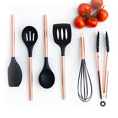Black Silicone and Copper Cooking Utensils for Modern Cooking and Serving, Stainless Steel Copper Serving Utensils Ideal Spatulas for Non Stick Cookware Black Silicone and Copper Cooking Utensils for Modern Cooking and Serving, Stainless Steel Copper Serving Utensils Ideal Spatulas for Non Stick Cookware