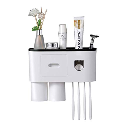 Hwagui Toothbrush Holder with Toothbrush Dispenser-Multifunctional Wall Mounted Toothpaste Squeezer Kit, 4 Toothbrush Slots,2 Cups and Drawers Cosmetic Organizer for Bathroom and Washroom, Black Hwagui Toothbrush Holder with Toothbrush Dispenser-Multifunctional Wall Mounted Toothpaste Squeezer Kit, 4 Toothbrush Slots,2 Cups and Drawers Cosmetic Organizer for Bathroom and Washroom, Black