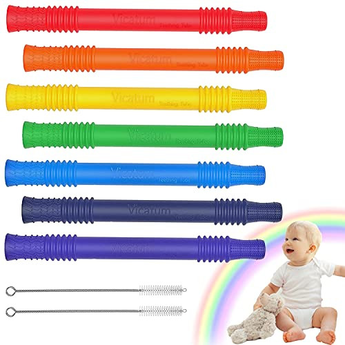 7 Pack Hollow Teething Tubes for Babies, Vicatum Baby Teether Tubes, Chew Straw Toy for Toddlers, Soft Silicone Teething Straws for Babies, BPA Free  and  Dishwasher Safe