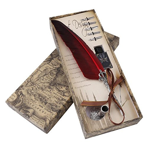 Feather's Day Gift Feather Pen, Quill Pen Vintage Antique Calligraphy Quill Pen Red Feather Quill Dip Pen Ink Set with 5 Metal Nibs, Feather Quill Dip Pen Ink Set