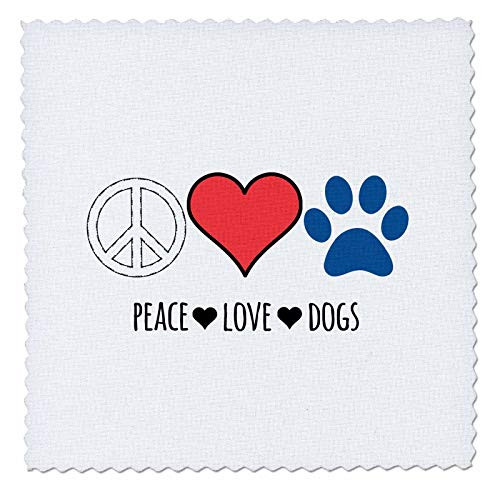 3dRose Peace Love Dogs with peace sign, red heart, and blue paw clip. - Quilt Squares -qs-337878-1-