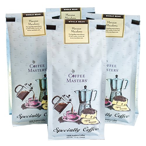 Coffee Masters Flavored Coffee, Hawaiian Macadamia, Whole Bean, 12-Ounce Bags (Pack of 4)