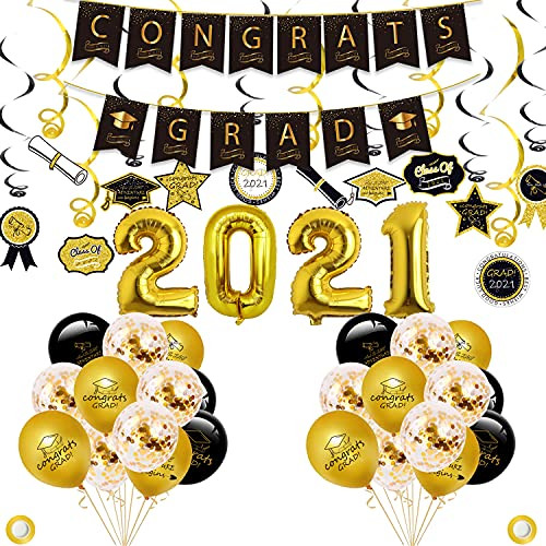 Graduation Decorations 2021 - 60pc Graduation Party Supplies 2021 Congrat Grads Banner, Latex Balloons, Black and  Gold Balloons, Confetti Balloons, Swirls Decor for Graduation Party Decorations-Black and  Gold-