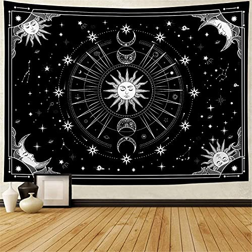 Wekoxo Wall Tapestry, Sun and Moon Tapestry Psychedelic Black and White Tapestry Mystic Stars Tapestries Trippy Black Tapestry Wall Hanging Tapestry for Bedroom Home Decor -H29.5"xW39.4"-