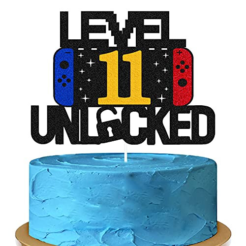 Level 11st Unlocked Sign Cake Topper Happy 11st Birthday Level Up Tenth Cake Decorations for Video Game Controller Themed Kids Boy Girl Bday Party Supplies Double Sided