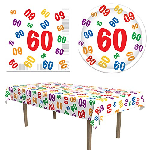 60th Birthday Party Tablecover Plates Napkins 33 Piece Bundle