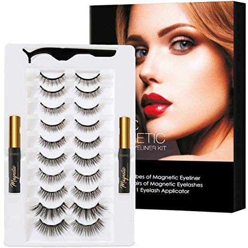 Updated 3D 6D Magnetic Eyelashes and Eyeliner Set- 2 Tubes of Magnetic Eyeliner  and  10 Pairs Magnetic Eyelashes Kit-With Natural Look  and  Reusable False lashes -No Glue Need