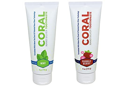 Coral White Nano Silver Flavor Bundle Natural Fluoride Free Teeth Whitening Xylitol, Toothpaste, Coral Calcium Nano Silver Infused SLS Free 4 Ounce -Mint Berry Bundle-