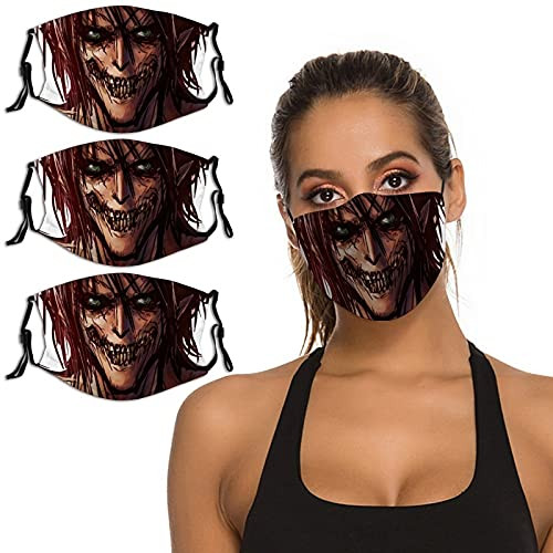 Eren Attack On Titan Anime 3PCS Face Mask Washable Reusable Bandana Scarf Adjustable Strap  and  Nose Clip Unisex