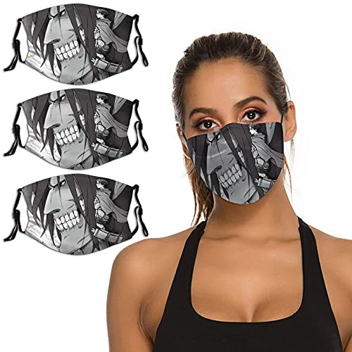 Attack On Titan Eren Levi Anime 3PCS Face Mask Washable Reusable Bandana Scarf Adjustable Strap  and  Nose Clip Unisex