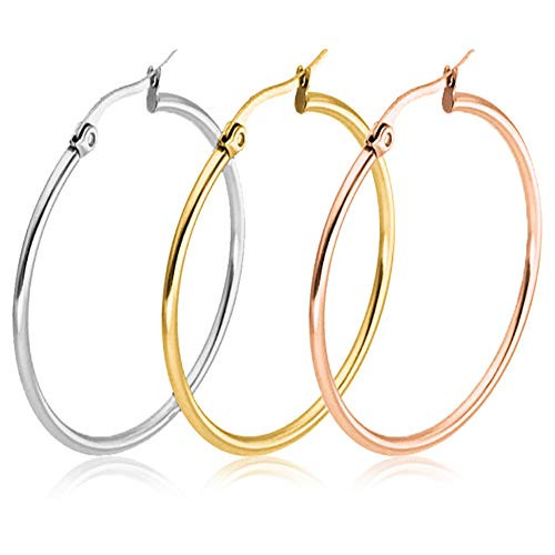 3Pairs 18K Gold Plated Hoop Earrings for Women Lightweight 316L Stainless Steel Round Hoop Earrings for Sensitive Ears Jewelry Gift 2.75" /70mm