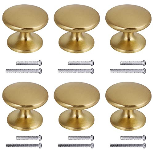 BIGLUFU 1 inch Drawer Knobs, 6-Pack Brass Kitchen Cabinet Knobs, 27mm Diameter Dresser Knobs Drawer Pulls, Door Knobs Dresser Drawer Handles Knobs for Dresser Drawers