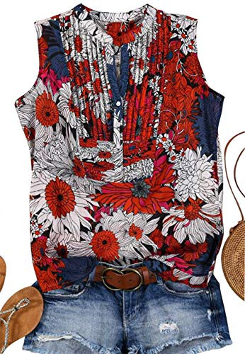 Women's Casual V Neck Basic Pleated Tank Tops Vintage Floral Print Ruffle Button Tanks Blouse Summer Sleeveless Shirts -Floral, Small-