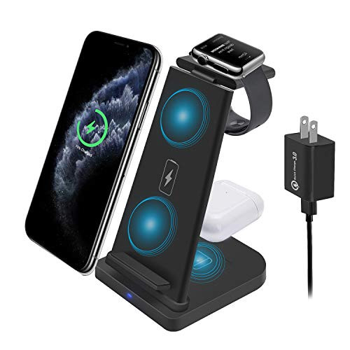 Detachable 3 in 1 Wireless Charger Stand, Qi 15W Fast Wireless Charging Station for Apple Watch 6 SE 5 4 3 2, Airpods 2/Pro, iPhone 12/12 Pro/12 Pro Max/11/11 Pro/X/Xr/Xs/8 Plus -with QC 3.0 Adapter-