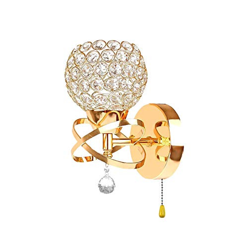 Pinelaxy Crystal Wall Lamp E27/E26 Socket, Modern Crystal Sconces Wall Light Fixture Gold with Pull Cord Switch for Bedroom Living Room Bathroom -Gold with Switch-