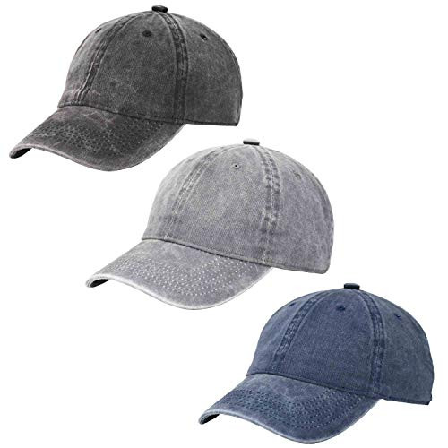 3 Pack Vintage Cotton Washed Plain Baseball Caps Adjustable for Men Women, Unstructured Low Profile Solid Blank Dad Hat Black Grey Navy