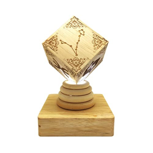 DaZhan Desk Decorative LED Lamp - Wooden Cubic Ornaments Engraved Zodiac Pisces Constellation Totem Pattern with Night Light Base for Table Decor White Light