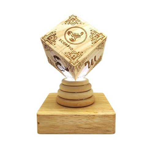 DaZhan Scorpio Symbol Design Wooden Decorative Desk Lamp - Carving Zodiac Constellation Pattern Cubic Ornaments with LED Night Light Base White Light