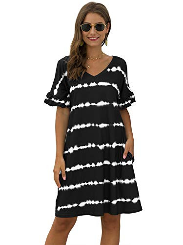 MsLure Women's Tie Dye T-Shirt Dress Short Sleeve Casual Striped Swing Tunic Dress with Pockets Black,S