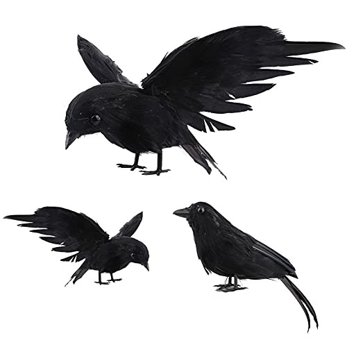 2Krmstr 3 Pack Halloween Realistic Crows Black Feathered Bird, Crow Decoys Standing Flying Birds for Tree Haunted House Graveyard Tombstone Display
