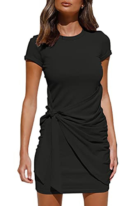 Necosthua Women's Short Sleeve Crew Neck T Shirt Dress Tie Waist Ruched Bodycon Mini Dress Long Casual Dresses Black Necosthua Women's Short Sleeve Crew Neck T Shirt Dress Tie Waist Ruched Bodycon Mini Dress Long Casual Dresses Black