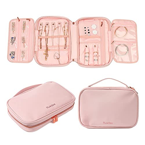 Travel Jewelry Organizer, Waterproof Portable PU Leather Jewelry Case Tangle-Free Storage Necklaces, Earrings, Rings, Bracelets -Pink-