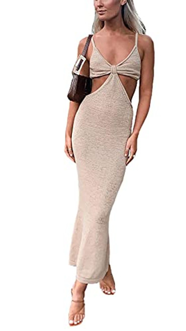 AnotherChill Women's Cut-Out Dress Bodycon Spaghetti Strap Cocktail Sexy Maxi Dresses for Women Summer Club Party Dress 2021 -Apricot, Large- AnotherChill Women's Cut-Out Dress Bodycon Spaghetti Strap Cocktail Sexy Maxi Dresses for Women Summer Club Party Dress 2021 -Apricot, Large-