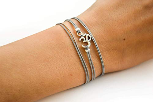 OM bracelet, wrapped bracelet with silver tone Om charm, Hindu symbol, gray cord, gift for her, yoga bracelet, lucky charm, spiritual jewelry