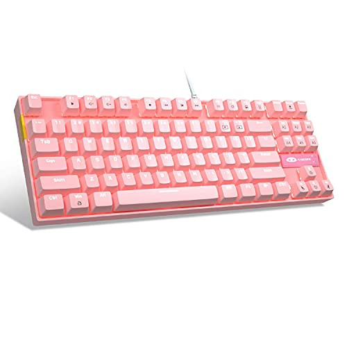 Pink Mechanical Gaming Keyboard, MageGee MK-Star LED Backlit Keyboard Compact 87 Keys TKL Wired Computer Keyboard with Blue Switches for Windows Laptop Gaming PC - White Light -Renewed-