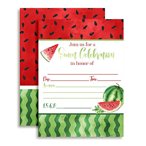 Watercolor Watermelon Birthday Party Invitations, 20 5"x7" Fill in Cards with Twenty White Envelopes by AmandaCreation