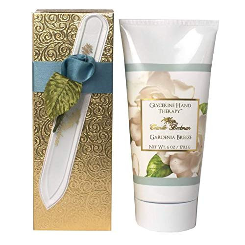 Camille Beckman Romantic Manicure Gift Set, Gardenia Breeze, Glycerine Hand Therapy 6 oz, Premium Crystal Nail File