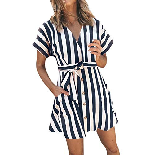 Ulrico1 Womens Fashion Stripe Short Sleeve Sexy Wrap V-Neck Hem Casual Summer Button Up Mini Short Shirt Dress with Belt, Dark Blue Striped, Medium