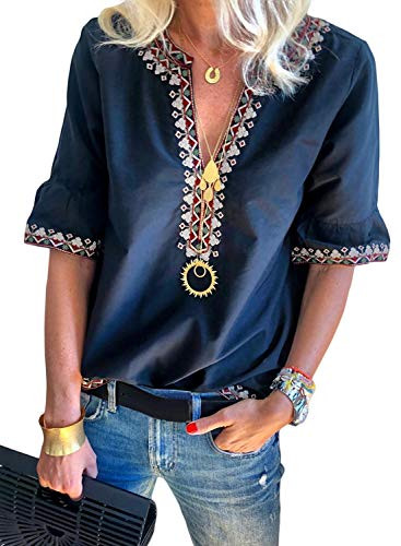 Aleumdr Womens V Neck Boho Embroidered Blouses Summer Short Sleeve Tops Casual T-Shirts Blue Small 4 6