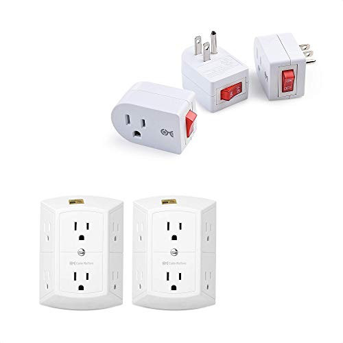 Cable Matters 3-Pack Grounded Outlet with On Off Switch, Single Outlet with Switch in White  and  2-Pack 3 Sided 6 Outlet Splitter Grounded Outlet Extender Wall Tap