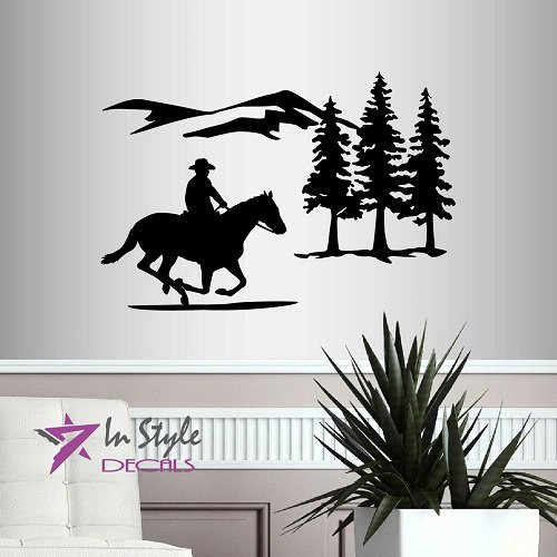 In-Style Decals Wall Vinyl Decal Home Decor Art Sticker Cowboy Riding Horse Mountains Western Boy Man Removable Stylish Mural Unique Design for Any Room 217