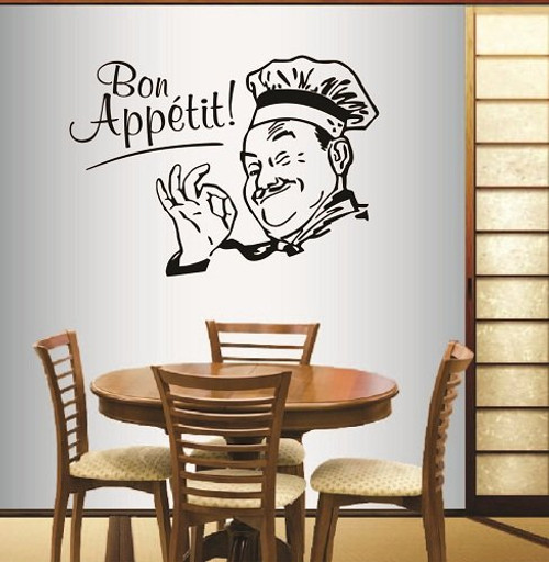 In-Style Decals Wall Vinyl Decal Home Decor Art Sticker Bon Appetit Phrase Winking Cook Chef Kitchen Cafe Restaurant Room Removable Stylish Mural Unique Design 547