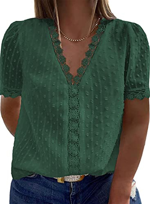 Happy Sailed Womens Plus Size Casual Short Sleeve Tops V Neck Lace Crochet Pom Poms Chiffon Blouse Shirts,2X Green